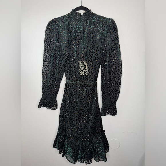 Alex Marie Emerald Green Victorian Feminine High Neck Holiday Dress| Size 12 - Picture 10 of 13